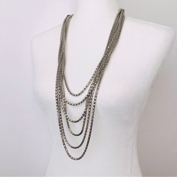Chico’s Six Strand Multi Layered Silver Tone Necklace - Picture 2 of 11